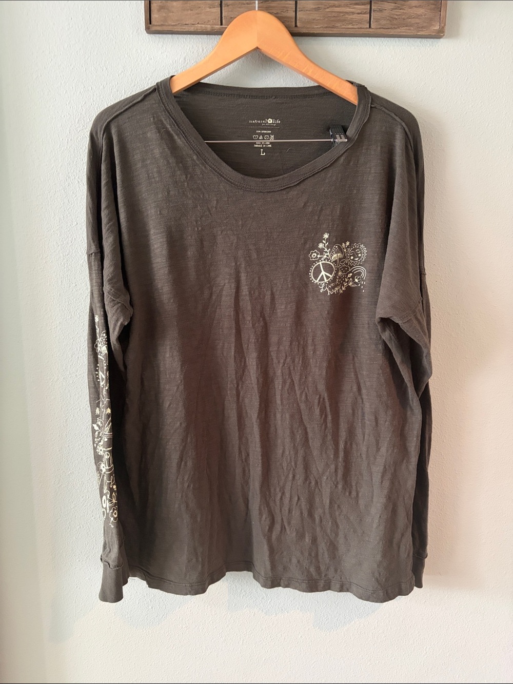 Natural Life It’s the Little Things Doodle Olive Graphic Long-Sleeve Top Large - Picture 2 of 8